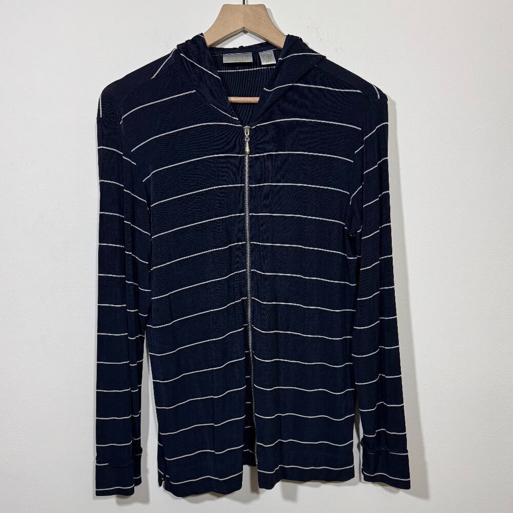 Chico's Travelers Women's Stretchy Hoodie Jacket Size 1 (M/8) Blue White
